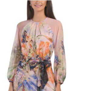 TERI JON Chiffon Floral Long Sleeve Maxi Gown